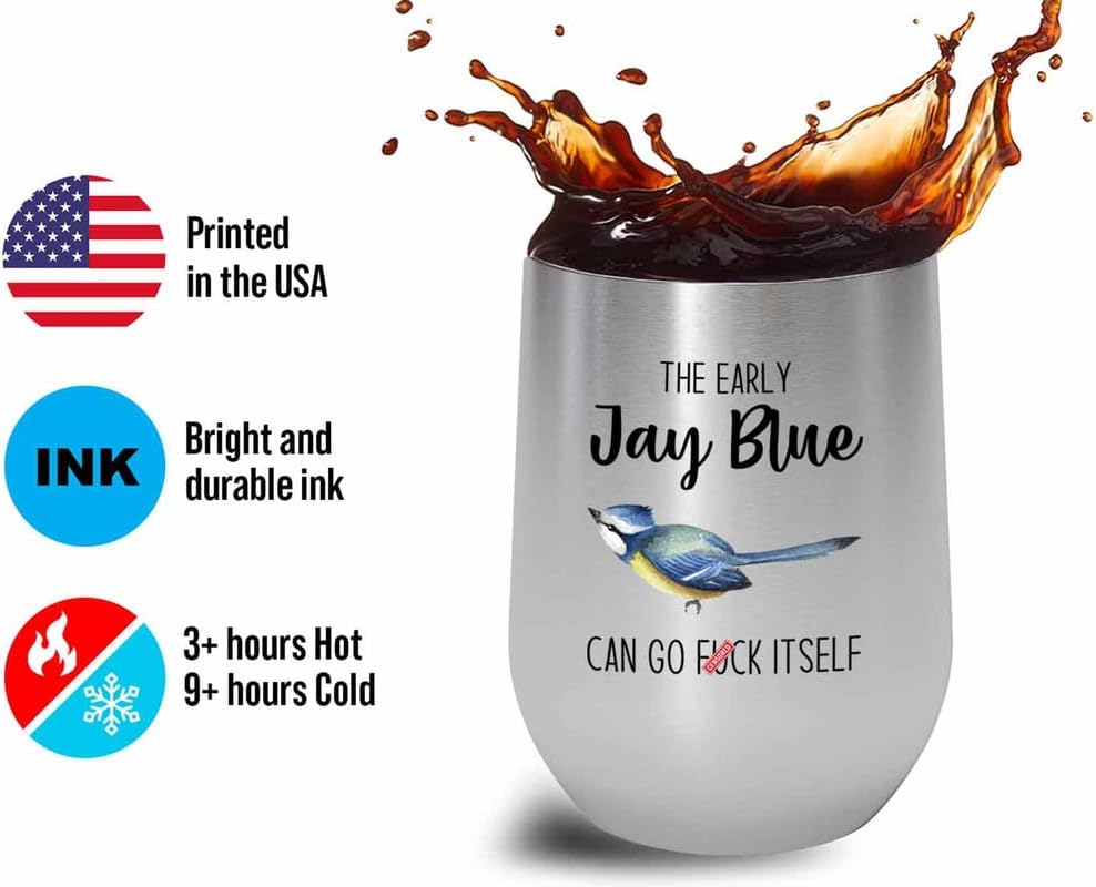 Bird Lover Silver Edition Wine Tumbler 12oz - Early jay blue go - Humm