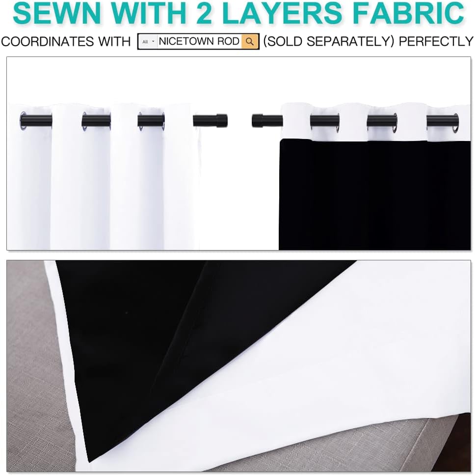 NICETOWN 100% Blackout Window Curtain Panels, Cold and Full Light Blocking Drapes with Black Liner for Nursery, 84 inches Drop Thermal Insulated Draperies (White, 2 Pieces, 52 Wide Each Panel)