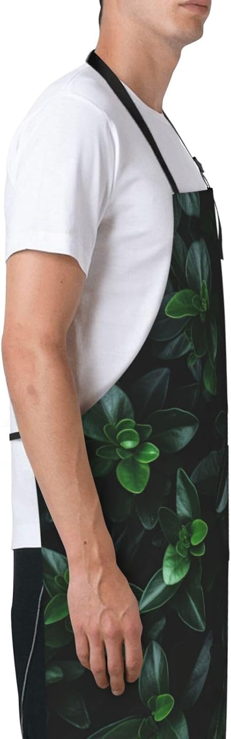 Green Long Leaves print Waterproof apron with pocket adjustable cooking apron for adult kitchen bibs to bake