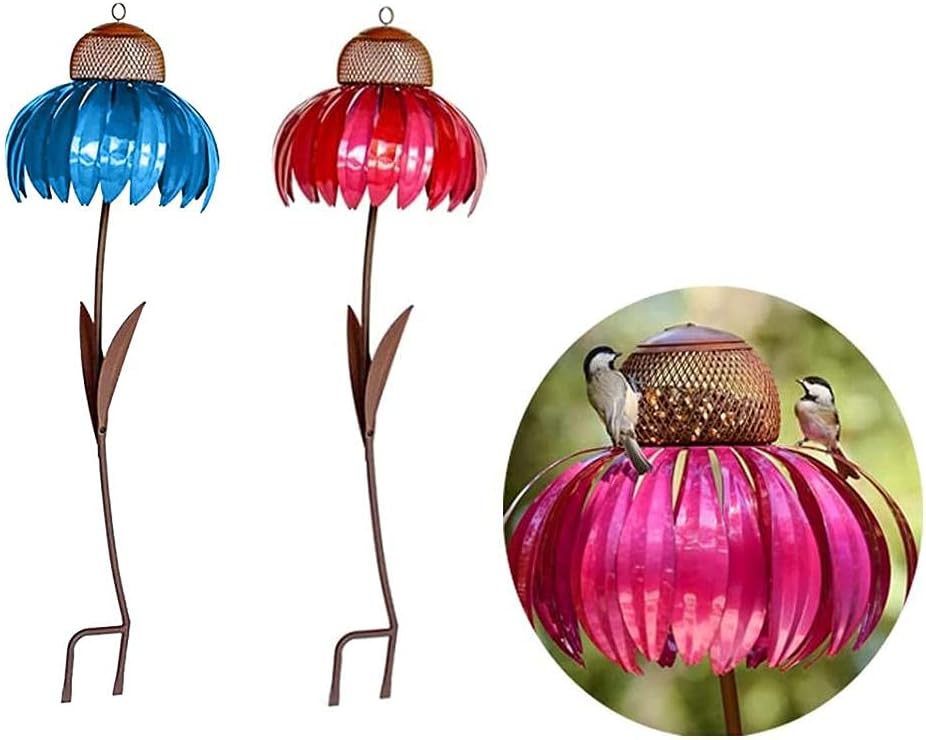 Bird Feeder, Red Coneflower Standing Bird Feeder Metal Flower Stakes Garden Bird Feeder Metal Bird Seed Tray for Outdoor Garden Decoration (blue)