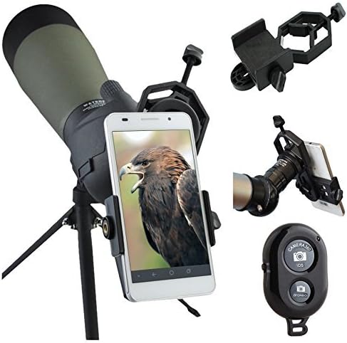 AccessoryBasics Binocular Spotting Scope Telescope Microscope Periscope Adapter Aluminum Mount for Smartphone iPhone 16 15 Pro Max Galaxy S23 S24 Pixel Plus Video Recording [Includes Remote]
