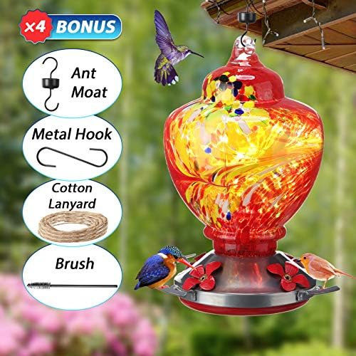 Boao 2 Pack Glass Hummingbird Feeder Set, 38 oz Large Capacity Hanging Bird Feeders with Ant Moat and 5 Feeding Ports, Decorative Garden Outdoor Feeder for Patio Yard and Garden Decor, Gifts for Mom
