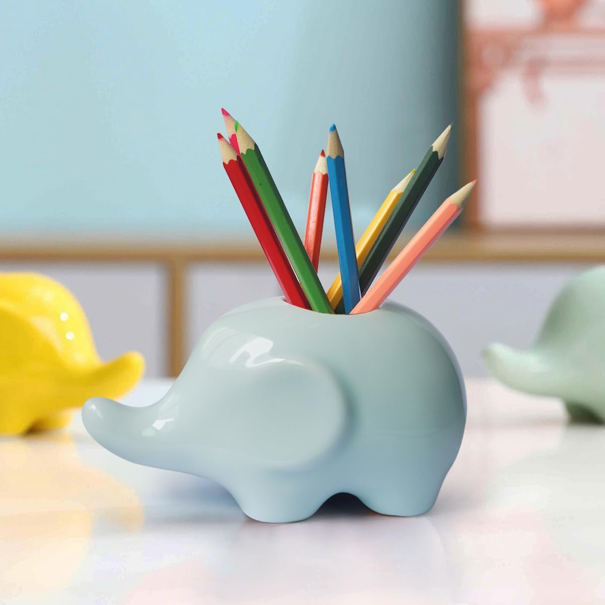GeLive Cute Elephant Pen Pencil Holder Ceramic Desk Fidget Decor Organizer Mini Hydroponic Vase Small Air Plant Pot Succulent Planter Tabletop Craft Ornament Light Greenish Blue