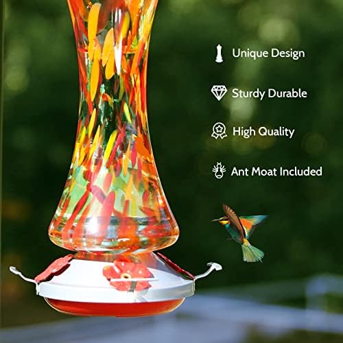 Glass Hummingbird Feeder for Outdoors: Orange Window Hanging Hummingbirds Presents for Women - Ant Moat Included, Metal Base with 4 Feeding Ports & Perch, Leak Proof, 20 fl.oz, Best Garden Decor