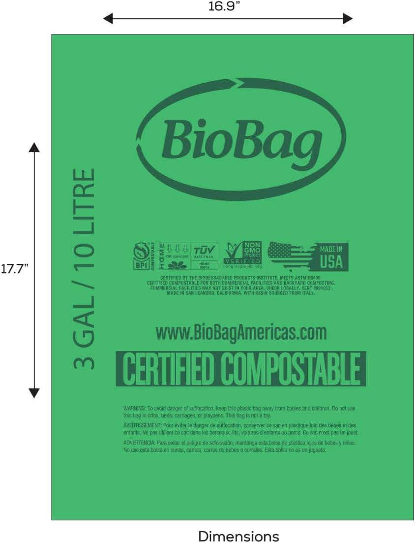 3 Gallon Compostable Food Scrap Bags by BioBag, 100 Count, BPI Certified, Meets ASTM D6400 Standards, Made in USA, Kitchen Trash Bin Liners
