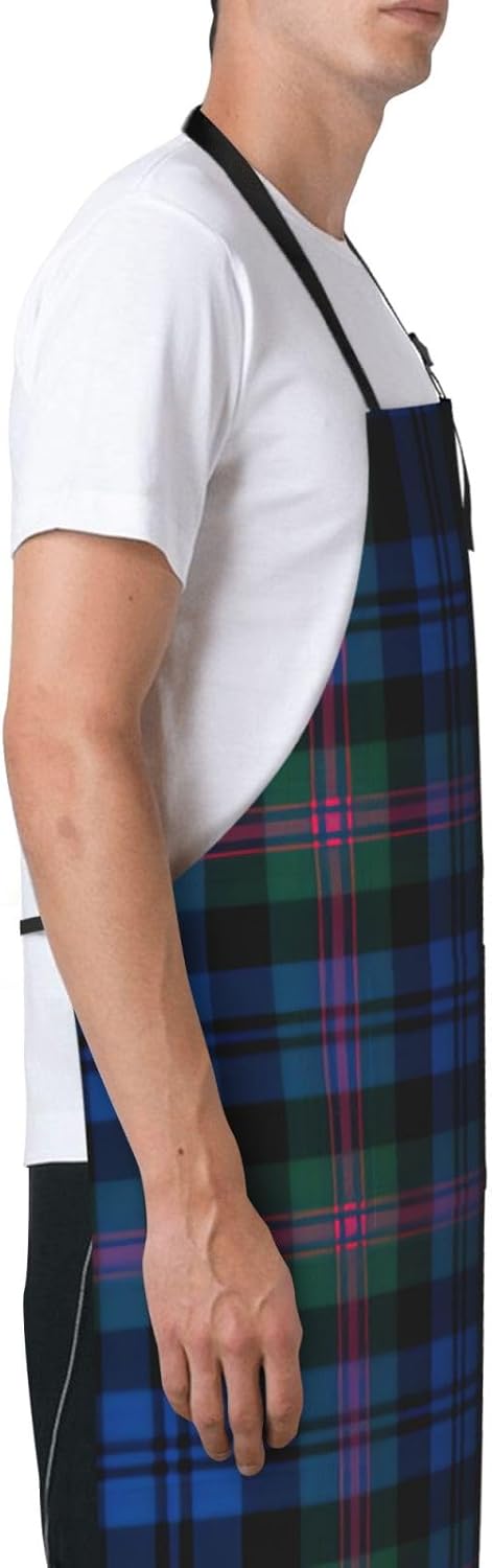 Blue and Green Scottish Tartan print Waterproof apron with pocket adju
