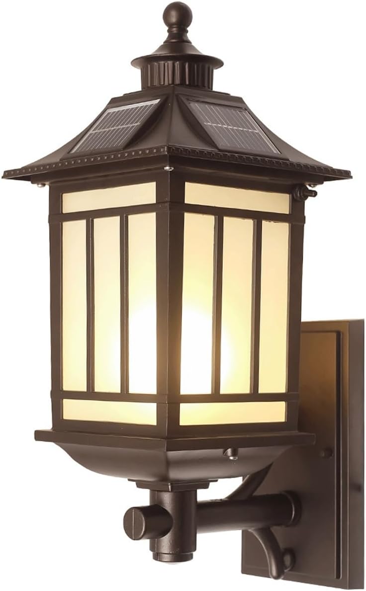 Solar Outdoor Wall Sconce Light Fixture, Retro Deep Coffee Waterproof Wall Lamp with LED and E27 Dual Sources, Die-cast Aluminum Wall Mounted Lantern for Porch, Patio, Garden, Villa, Garage