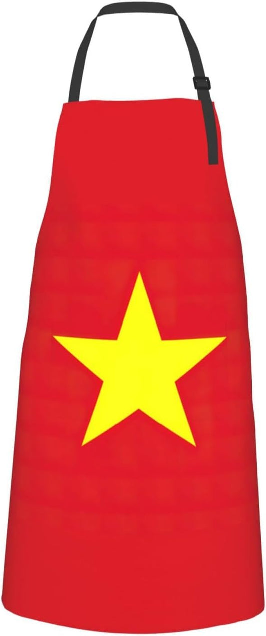 Vietnamese flag print Waterproof chef's apron with pocket apron for kitchen cooking baking barbecue and gardening