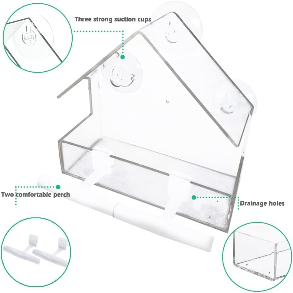 Window Bird Feeder, Bird House for Outside with 2 Rod, Small Acrylic Window Bird Feeder with Strong Suction Cups and Drain Holes 5.9 * 2.4 * 5.9 inch