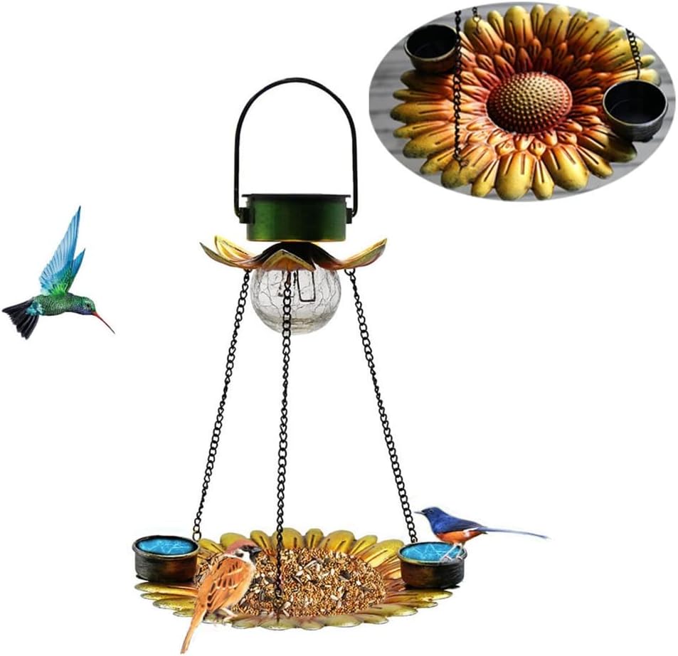 Bird Feeder Outdoor Hanging Bird Feeders Solar Flower LED Bird Feeder with Drinking Cup for Wild Bird Yard Decoration