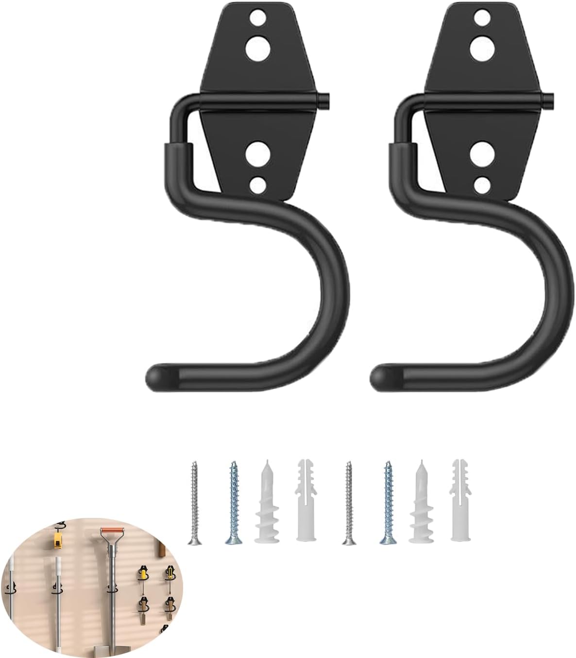 2 Pack Broom Holder Wall Mount Heavy Duty Mop Hanger with Screws Anchors Stand-Alone Hook Handle Grabber Gripper Organizer for Garage Storage Cleaning Tools Mops Garden Hammer Shovel