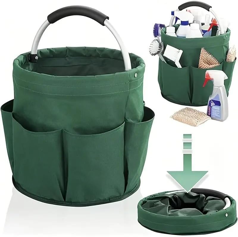 Collapsible Garden Tool & Cleaning Caddy – 12-Pocket Fold-Flat Canvas Bucket | Heavy-Duty 600D Oxford, Padded Handle | Picnic, Camping, RV, Home Storage Basket for Gardeners & Families – Green