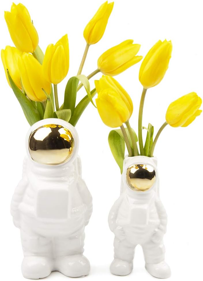 CHIVE - Astronaut Shape Vase, Planter Simple Modern Flower Bud Vase, White and Gold (Medium)