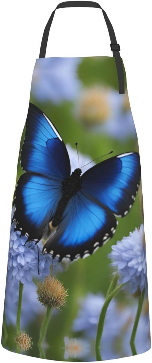 blue butterfly print Waterproof chef's apron with pocket apron for kit