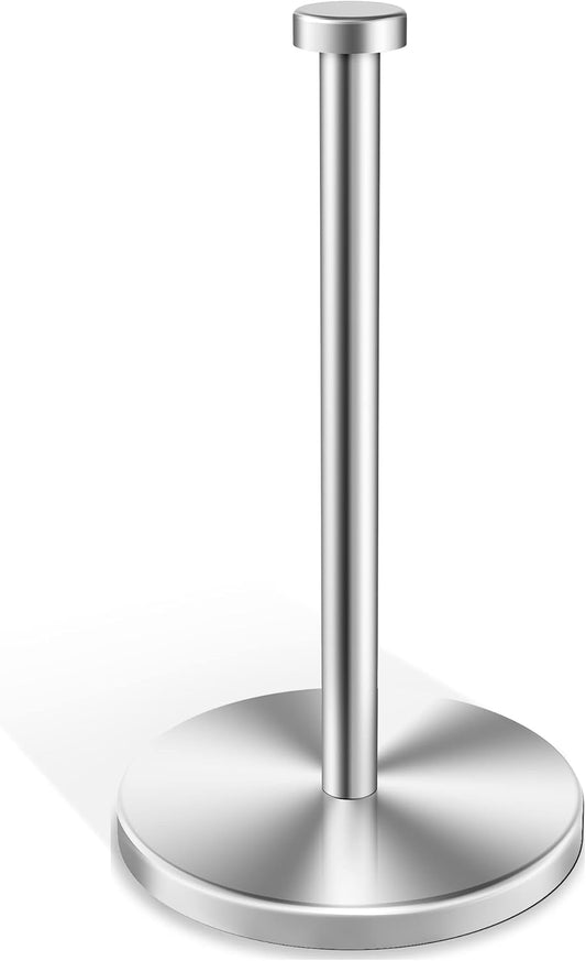 VEHHE Paper Towel Holder Countertop, Stainless Steel Paper Towel Holder Stand with Weighted Base Suction Cups, Standing Paper Towel Roll Holder for Kitchen Bathroom (Silver)