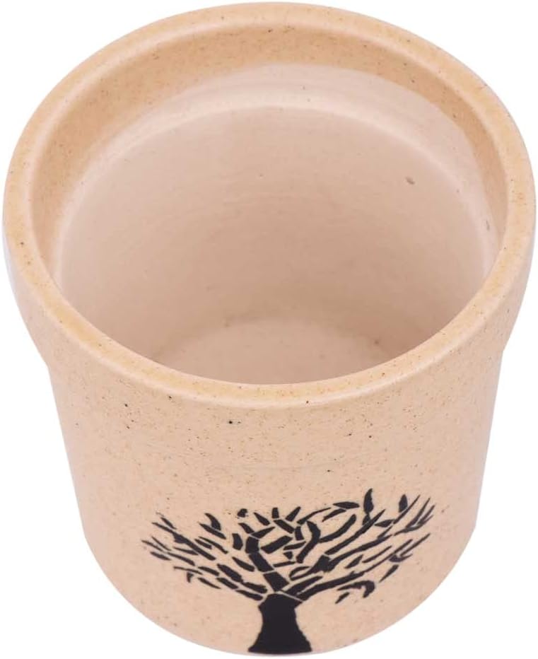 Indian Shelf Handmade Ceramic Beige Hand Painted Tree Pot Pack of 1 Po
