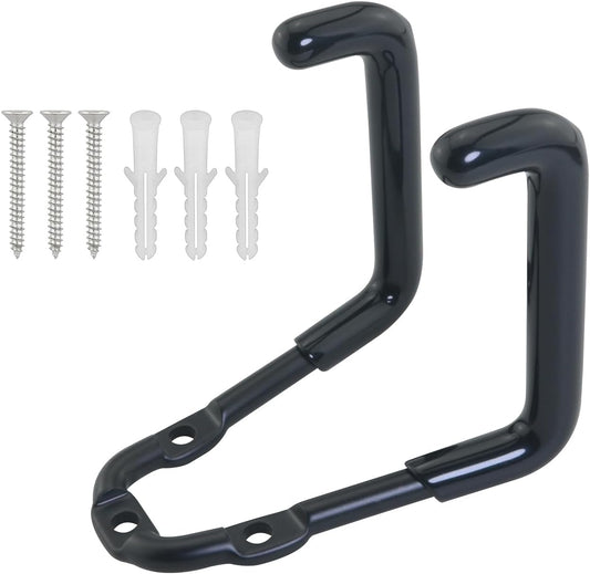 2PCS Wall Mounted Metal Double Hooks with 6 Screws Heavy Duty Storage Rack Bicycle Hook 3.3x2.9x2.2x2.1 inches for Organizing Ropes Chairs Hoses Axes Baseball Bats Garden Tools Shovels