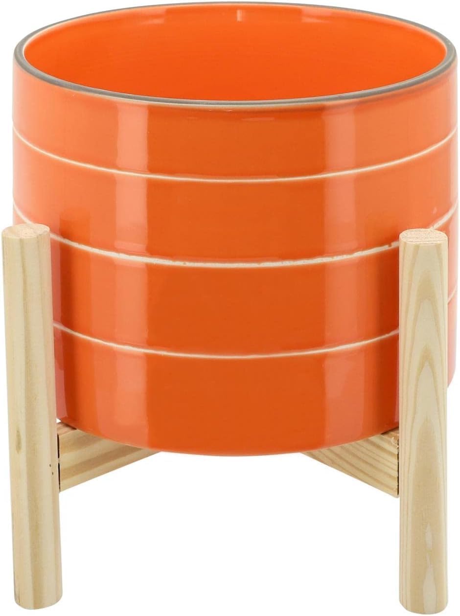 Striped Decorative Planter Pot with Wood Stand – Vibrant Ceramic Stone