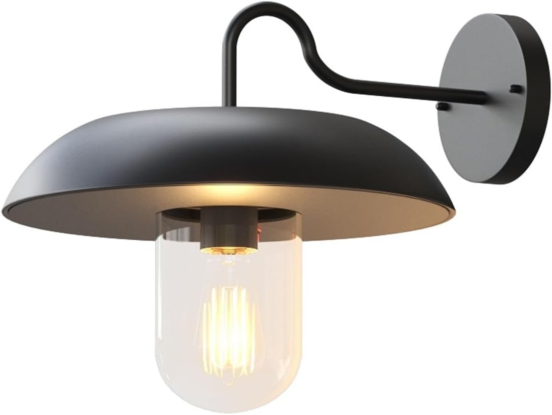 Exterior Wall Sconce, Solar Gooseneck Outdoor Lamp with Industrial Waterproof Lantern Design, Black Metal Mounted Lighting Fixture for Porch Patio Garage Garden Entryway Gate Cottage