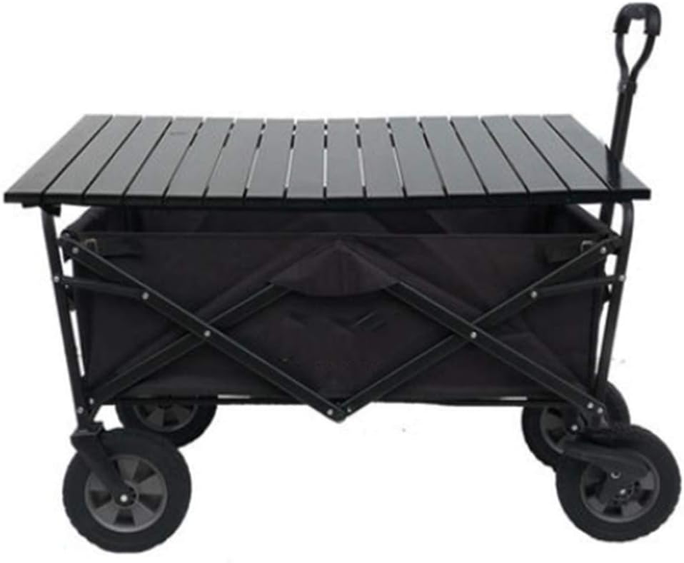 Folding Garden Cart Camping Trolley Steel Pipe Bracket Load 80Kg Outdoor Fishing Picnic Camp Photography Shopping Portable Trolley Truck+ Desk,Black (Black)