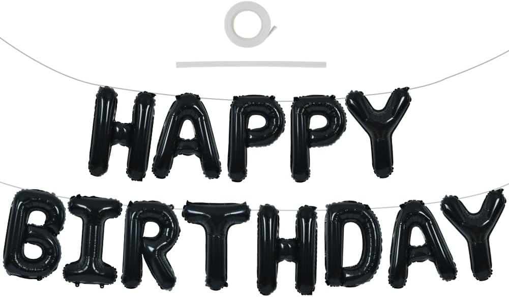 TONIFUL Black Happy Birthday Balloons Banner 16 Inch Mylar Foil Letters Birthday Sign Banner Bunting Reusable for 30th 40th 50th 60th Adults and Halloween Supplies