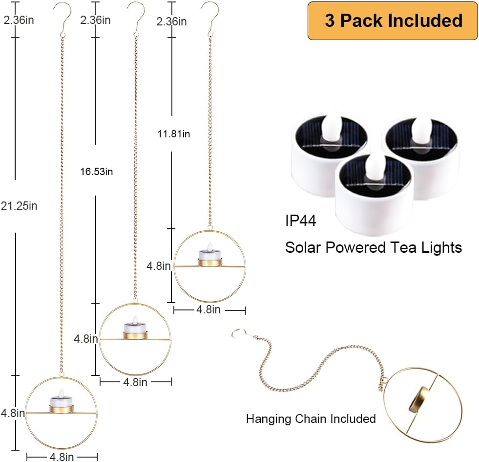 Solar Lanterns Outdoor Hanging Lights, Golden Metal Candle Holder with Solar Tea Lights Outdoor Waterproof, Solar Chandelier Ideas for Tree Gazebo Pergola Patio Garden Backyard Decor - Set of 3
