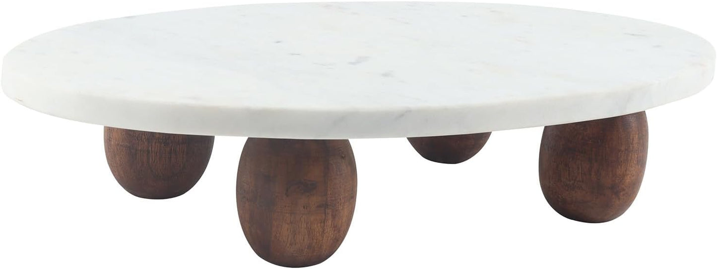 India Handicrafts Elegant Oval with Wooden Feet, White 18 x 10 Inch Marble Display Cake Stand Riser