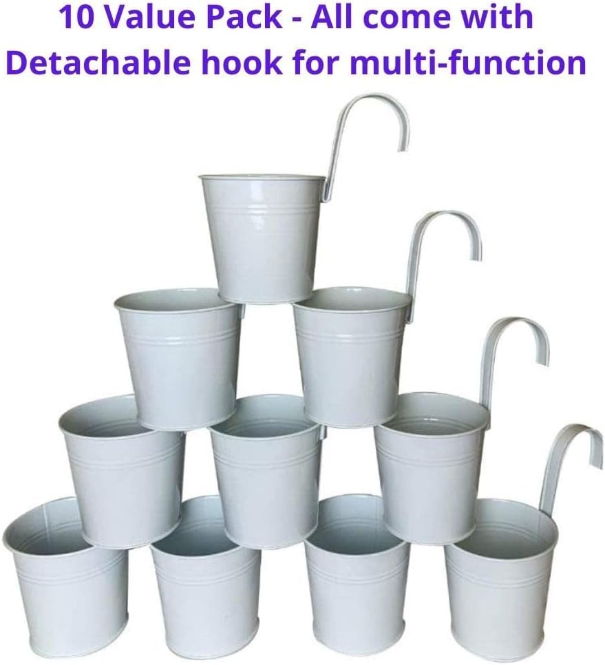 LaLaGreen 6 Inch Hanging Planter Iron - 10 Pack, White Large Metal Flower Pot Over Rail Balcony Railing Hanging Buckets for Plants Outdoor Fence Wall Herb Garden Succulent Outside Deck Patio Porch