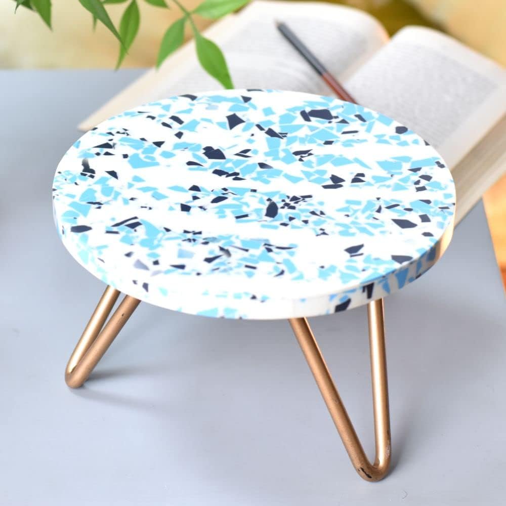 Indian Shelf Cake Stands | Wooden and Resin Fruit Dessert Cheese Reusable Serving Stand | Terrazzo Plant Stand for Indoor Plants [White & Blue, 1 Pack]