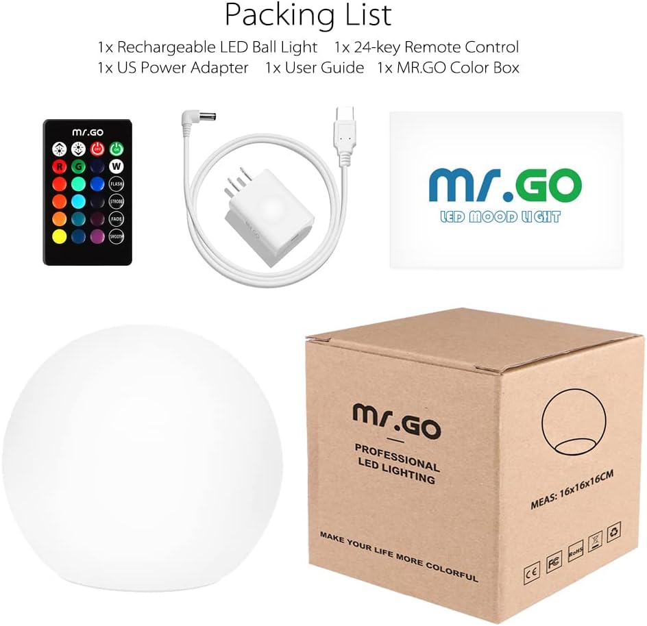 Mr.Go 6-inch RGB Color-Changing LED Globe Orb Light w/Remote, Mood Lamp Kids Night Light, 16 Dimmable Colors & 4 Modes, Battery & AC Adapter Power, Home Bedroom Patio Pool Decorative Lighting