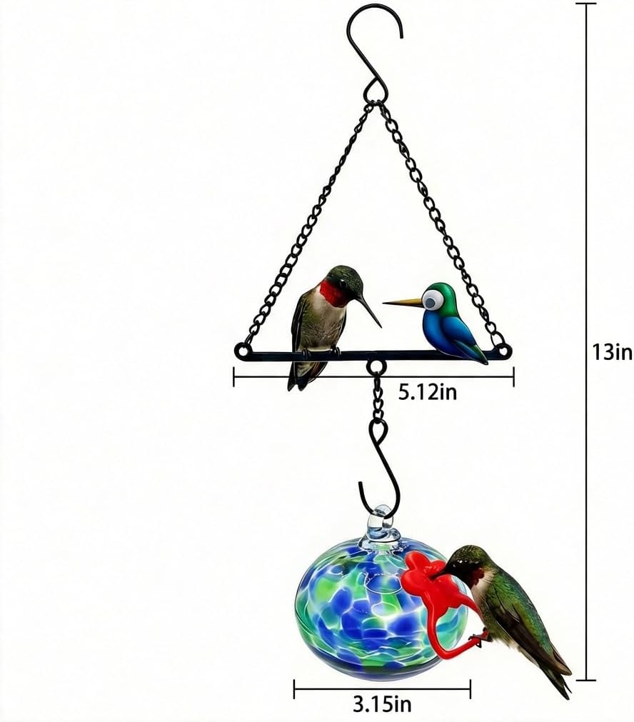 Hummingbird Feeder for Outdoors Hanging,Metal Hummingbird Swing with Hand Blown Glass Hummingbird Feeder,Artistic Bird Perch & Garden Decor, Unique Gardening Gifts for Women(Dotted Blue)
