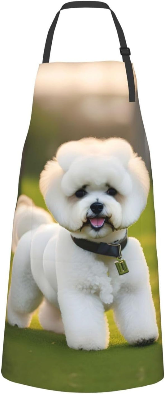 Bichon Frise Dog on the grass print Waterproof apron with pocket adjus