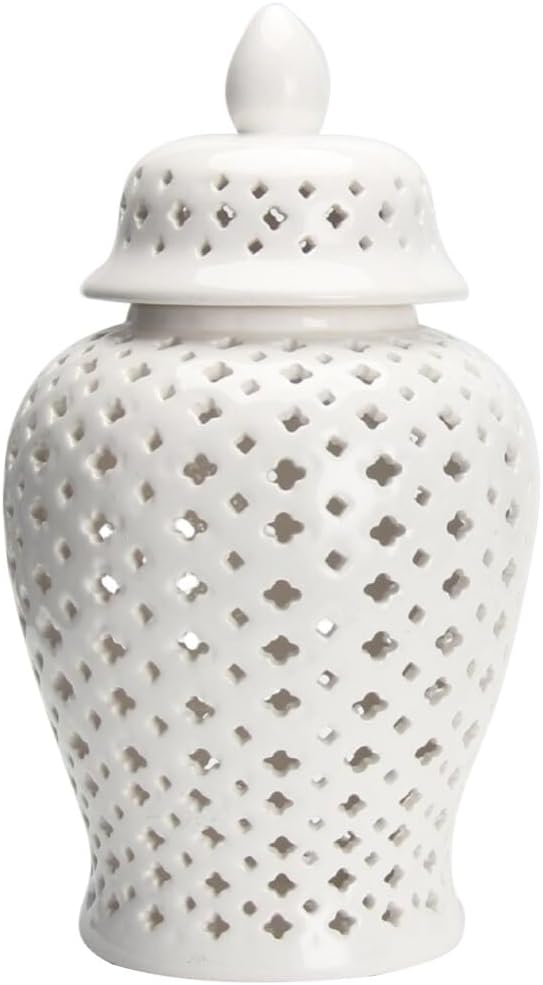 VOSAREA Ginger Jar Traditional Pierced Ginger Jar with Lid Ceramic Vase Carved Lattice Decorative Temple Jar White Ginger Jars for Home Decor