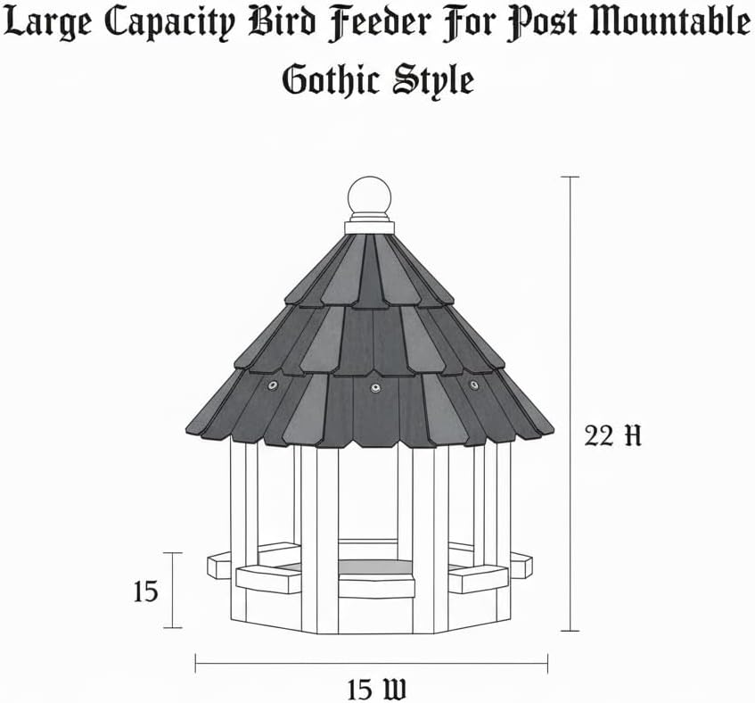 2026 XL Gazebo Bird Feeder for Outside Post, Water Proof Shingle Thick Metal Roof Bird House Birdfeeder for Post Mount, Flythrough Style Black 10 Lbs Capacity 15" x 15" x22" Without Post