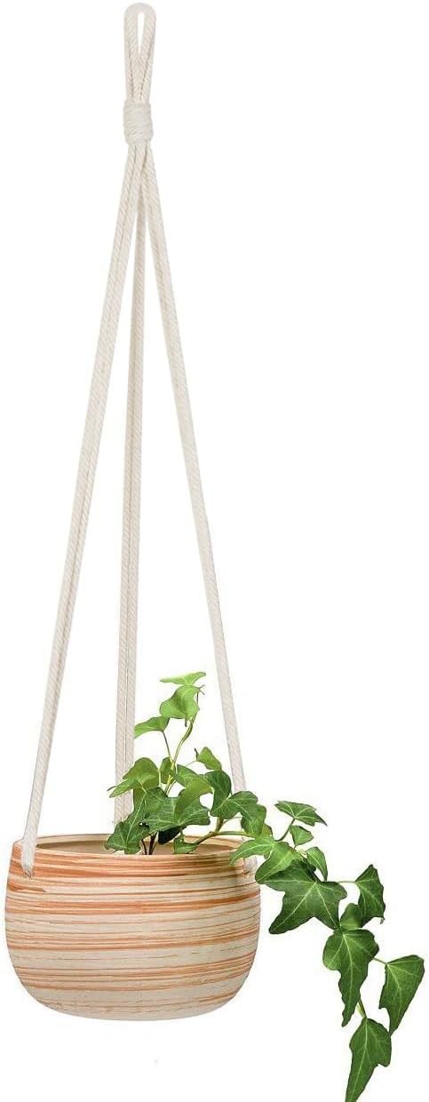 Mkono Ceramic Hanging Planter Macrame Plant Holder 5 Inch Cute Succulent Cactus Pot with Cotton Rope Hanger for Indoor Outdoor Decor, 1 Pack