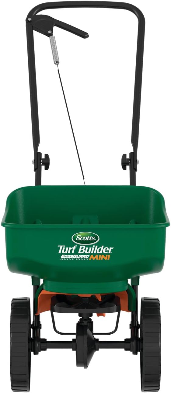 Scotts Turf Builder EdgeGuard Mini Broadcast Spreader - Spreader For Lawn Fertilizer, Weed & Insect Control, Grass Seed, and Ice Melt, Holds Up To 15,000 sq. ft. of Product