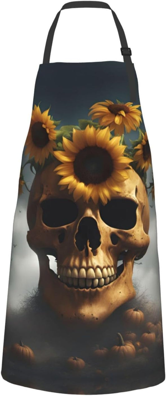 Sunflower Halloween Skull print Waterproof chef's apron with pocket apron for kitchen cooking baking barbecue and gardening