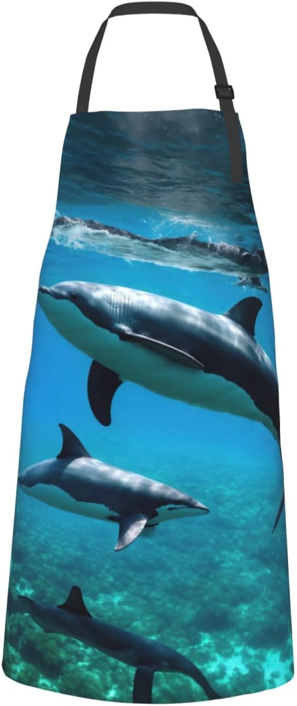 Funny Animal Dolphin Print Laundry apron 28x33 In Waterproof Kitchen Apron with Pockets for Cooking Baking