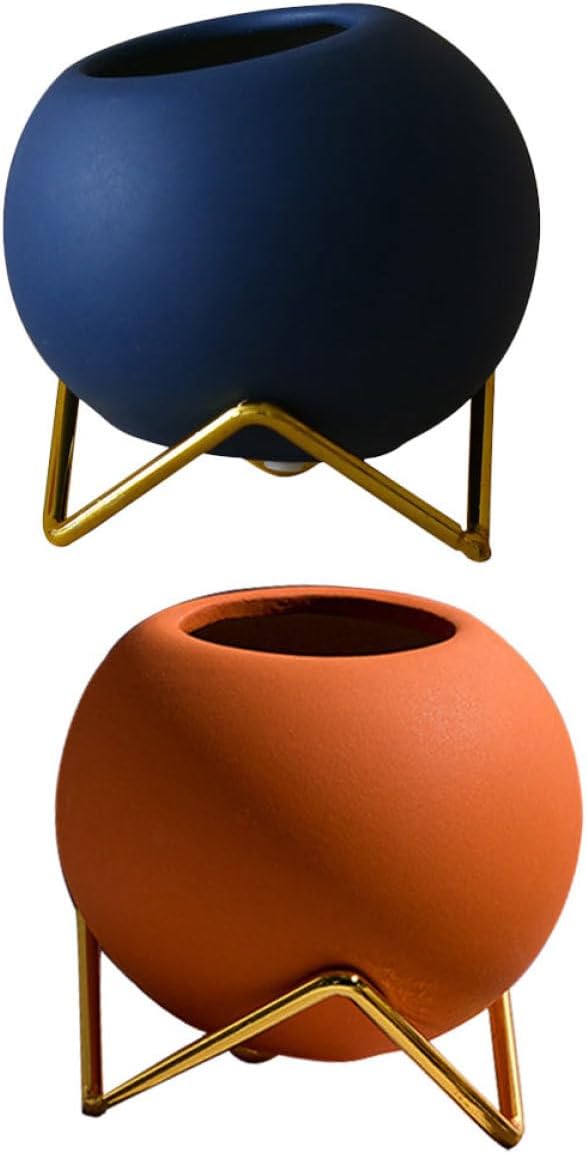 FAVOMOTO Nordic Ceramic Flower Vase Set 2pcs with Iron Frame Spherical