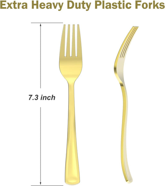 100 Count Heavy Duty Gold Plastic Forks Disposable, BPA-Free, Heat Resistant, Solid and Durable Premium Plastic Disposable Forks for Party Supply
