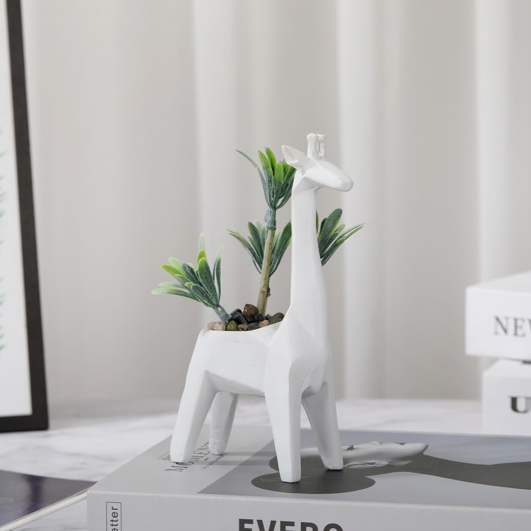 A beautiful minimalist geometric animal simulation potted plant sculpture. This is an ideal creative and unique decoration item, suitable for both home and office use. (White giraffe figurine)