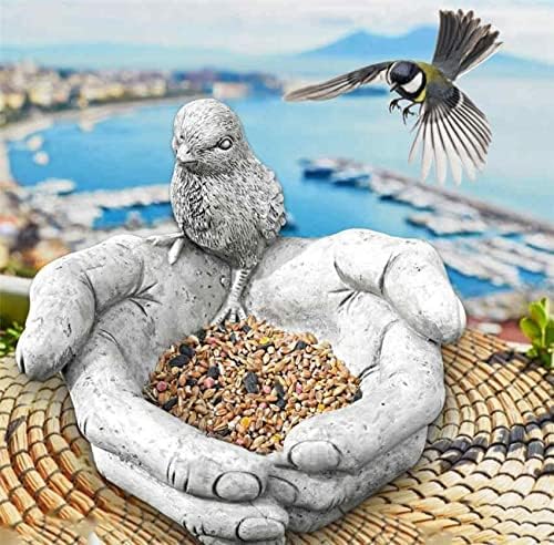 EatingBiting 7.5" Bird Bath Feeder in Hands Stone Garden Patio Ornament Water Decor Hand-Shaped Creative Resin Bird Feeder Outdoor Garden Decorations Ornaments for Porch Pathway Yard