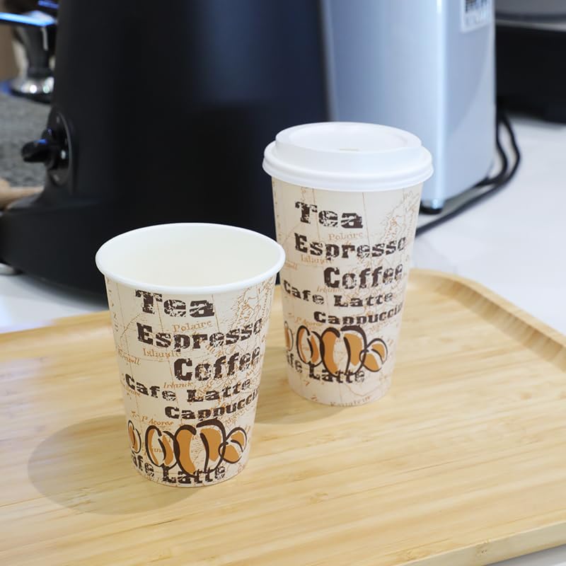 Amazon Basics to Go Hot Paper Coffee Cups with Lids, 12 oz, Café Design, Disposable, 100-Count