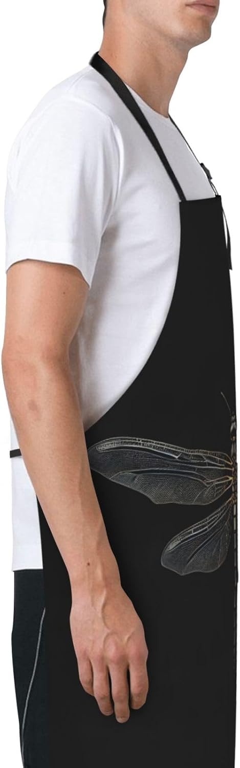 Dragonfly Black print Waterproof apron with pocket adjustable cooking 