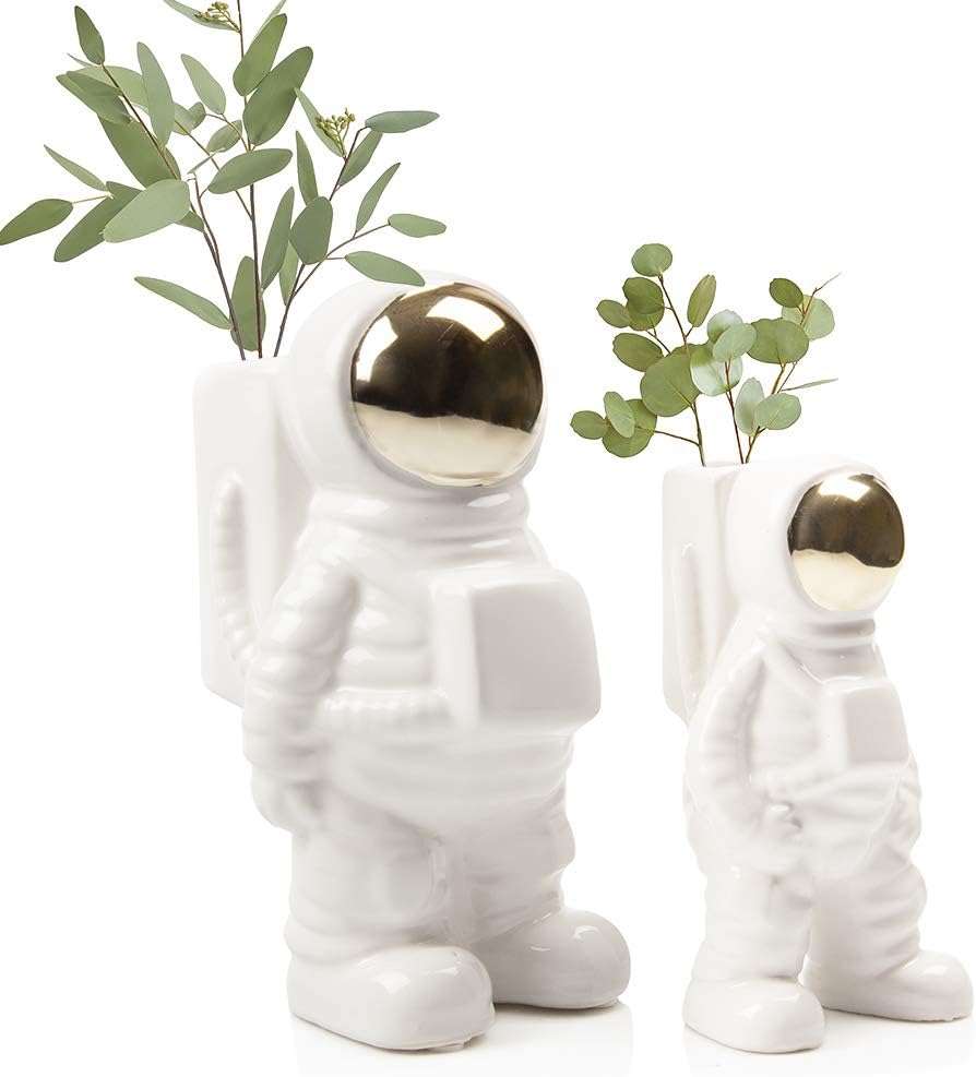 CHIVE - Astronaut Shape Vase, Planter Simple Modern Flower Bud Vase, White and Gold (Medium)