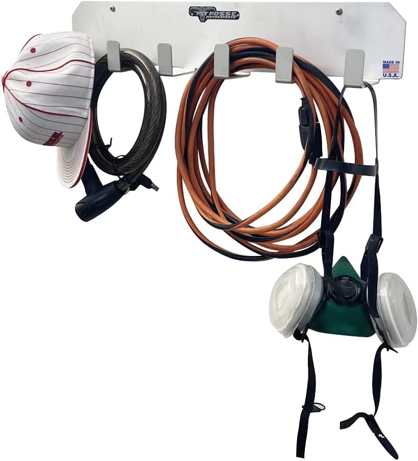Pit Posse PP3347 Trailer Garage Tool Storage Rack Wall Hanger Holder Organizer - Made in USA - Universal Multi Purpose - 6 Heavy Duty Hooks - Power Tools, Brooms, Tie Downs, Cords, Drills, & More