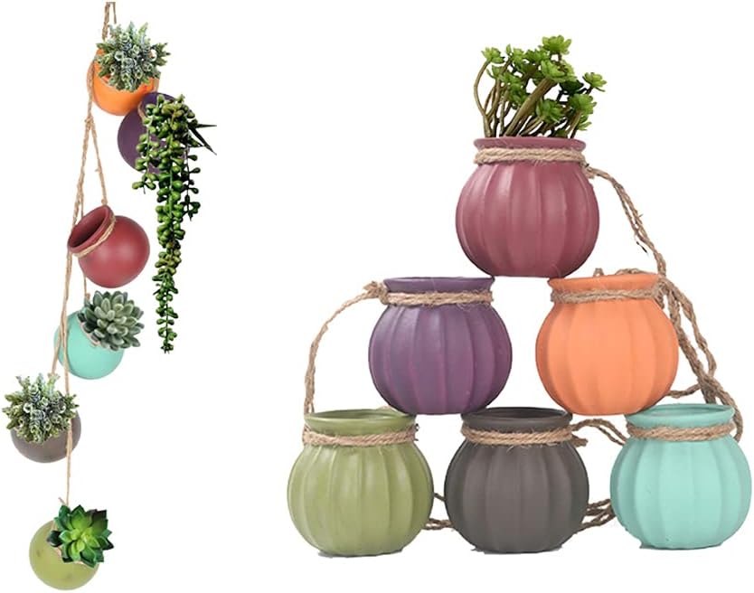 6 Pot Mixed Bright Rainbow-Color Hanging Ceramic Planter Set with Drain Hole Suitable for Succulent Flower Cactus Plant