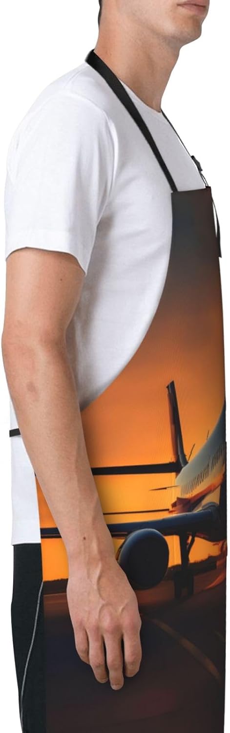 airplane at sunset Print Laundry apron 28x33 In Waterproof Kitchen Apron with Pockets for Cooking Baking
