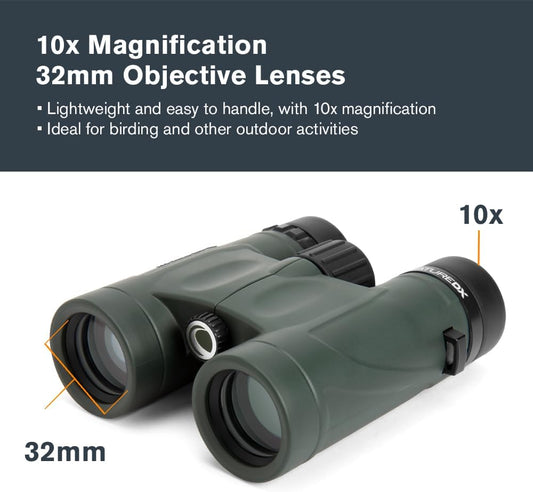 Celestron - Nature DX 10x32 Binoculars – Ideal for Birding and Outdoors – 32mm Objective Lenses – Wide 7.4° Field of View – BaK-4 Prisms – Fully Multi-Coated – Waterproof and Fogproof