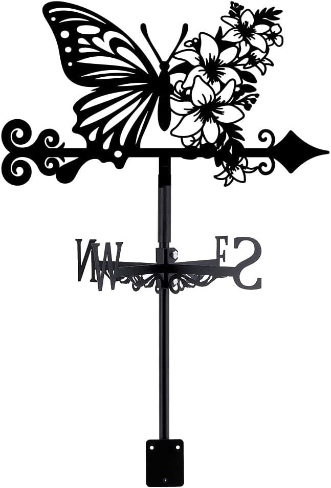 SUPERDANT Butterfly Weathervane Flowers Weather Vane for Yard Metal Wind Vanes Roof Mount for Outside Garden Black Weathervanes Farmhouse Farm Barn Sheds Patio Outdoor Decorations Gifts